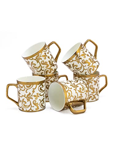 Image of Clay Craft Fine Ceramic Gold Print Tea Cups /Mugs Set of 6-220 ml Each (Director E696), Tea Cup Set of 6, Mugs for Coffee, Cups Set of 6, Mug Set, Ideal for Gifting, Perfect for Home and Office