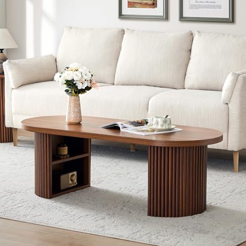 AVZEAR Oval Fluted Coffee Table for Living Room, Mid Century Modern Coffee Table with Storage, Curved Round Wooden Center Table for Home, Office, Cafe, Vintage Walnut(47.24' x 19.69' x 15.74')