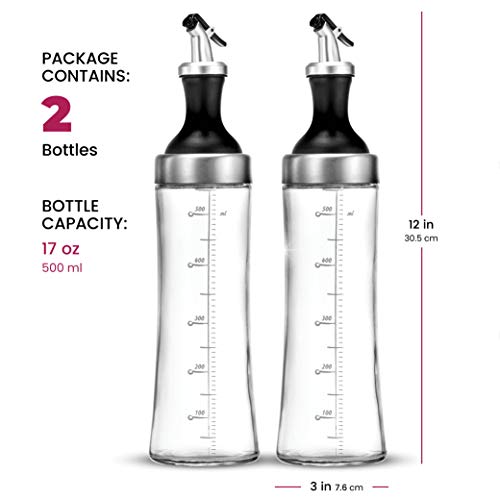 Superior Glass Oil and Vinegar Dispenser, (set of 2) Modern Olive Oil Dispenser, Wide Opening for Easy Refill and Cleaning, Clear Lead Free Glass Oil Bottle, Pouring Spouts, 18 Oz. Cruet Set