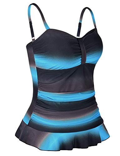 Mycoco Women's Swim Top Padded Ruffle Hem Shirred Swimwear Tankini Swimsuit Top Brown&Blue US 10 - Thumbnail 2