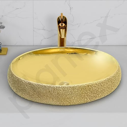 Image of Plantex Table Top Wash Basin For Bathroom /Designer Ceramic Basin /Countertop Vessel Sink Basin - Indo-European Collection (Gold - 23.6 x 16 x 6 Inch)