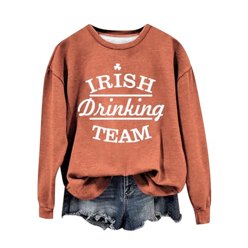 AMDOLE Mujer Retro Irish Drinking Team Happy Green Irish Day Four Leaves Cute Print Sudadera Casual Ropa Exterior Mujer, naranja, M - imagen 3