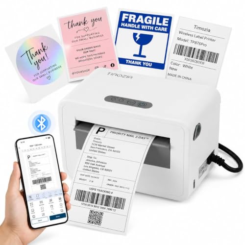 TIMOZIA Bluetooth Shipping Label Printer, 4X6 Wireless Label Printer, USB Shipping Label Maker for Small Business, Compatible with iPhone, Android, Windows & Mac