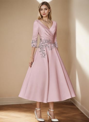 A-Line Elegant Mother of The Bride Dress Wedding Guest Dress V Neck Ankle Length 3/4 Length Sleeve with Pleats 20242