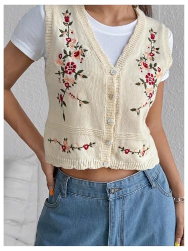 GORGLITTER Women's Flower Embroideried Vintage Sweater Vest Sleeveless Fall Country Concert Crochet Cardigan Khaki Small4