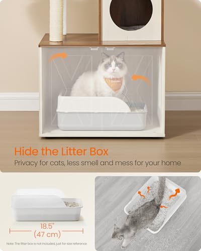 Image of Feandrea Cat Tree with Litter Box Enclosure, 59-Inch Modern Cat Tower | 2-In-1 Condo with Scratching Posts, Washable Removable Cushion, Rustic White and Honey Brown UPCT113W201