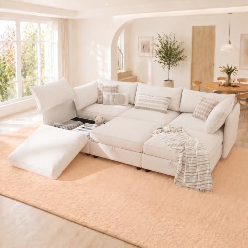 Image of 95.5 inch 6 Seat Modular Sectional Sleeper Sofa, Chenille Modern Modular Sofa Bed Hidden Storage, Convertible L&U Shaped Sleeper Couch with Ottoman, Couches for Living Room, Beige