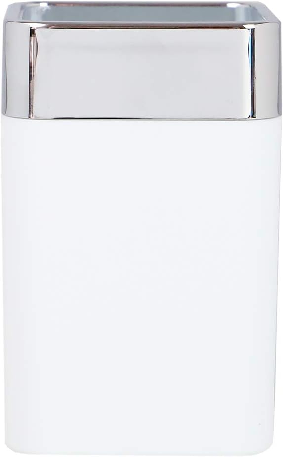 Home Basics Square Matte White with Chrome Trimmed Top Band Bathroom Accessory Cup 10 oz. ABS Break Resistant Plastic | Rounded Corners, Multi-Use Tumbler