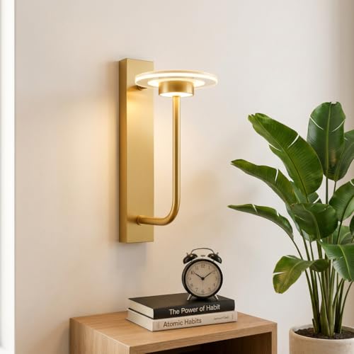 Image of LED Wall Light 3-Color CCT (Warm + Natural + Cold White) Metal & Acrylic Gold Finish Wall Lamp for Bedroom Living Room Home Decor