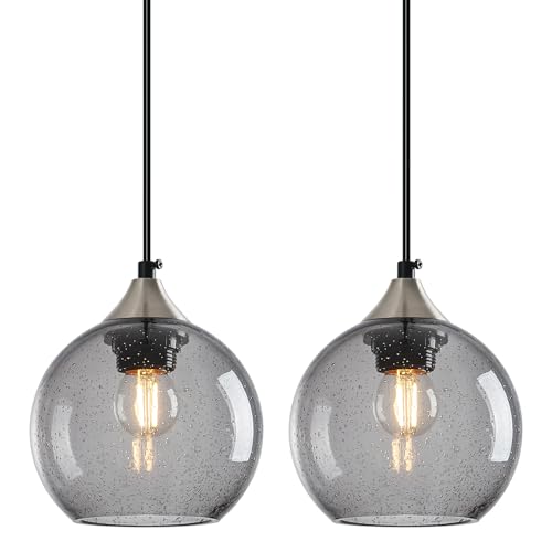 Image of Light Grey Glass Pendant Lights Kitchen Island Globe Pendant Light Fixtures Modern Pendant Lighting for Bedroom Living Dining Room Light Fixture (5.9 in, 2 Pack)