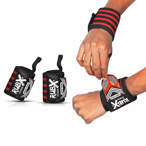 Image of RUBX Premium Wrist Wraps for Gym Workout - Adjustable Wrist Support Straps for Weightlifting, CrossFit, Powerlifting, Training - Men & Women Gym Accessories with Thumb Loop (Red)