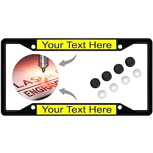 Image of Personalized with Custom Text Design - 4 Hole Black Metal Laser Engraved US Standard Size - Car License Plate Frame with Free caps - Yellow /Black Text (Qty: 1 Frame)