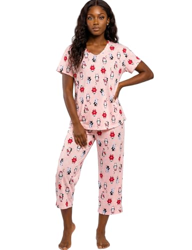 Image of CHUNG Women Cotton Pajama Sets Sleepwear pjs Short Sleeve Shirt Capri Length Crop Pants Cute Vivid Print