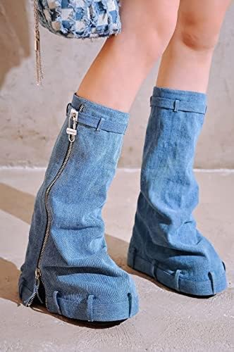 Cape Robbin Women's Fold Over Knee High Boots Platform Heel Padlock Boot with Zipper JENAS - DENIM 10 | Image 2
