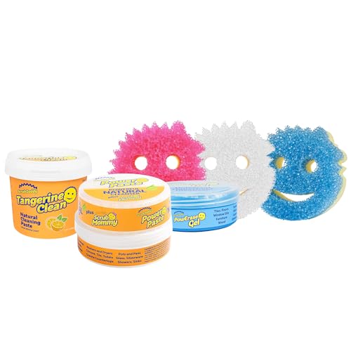 Scrub Daddy Sponges + Household Cleaning Supplies Bundle – PowerPaste Cleaning Putty, Tangerine Clean, PowErase Gel All Purpose Cleaner & Scrub Mommy (3 Pastes & 3 Sponges)