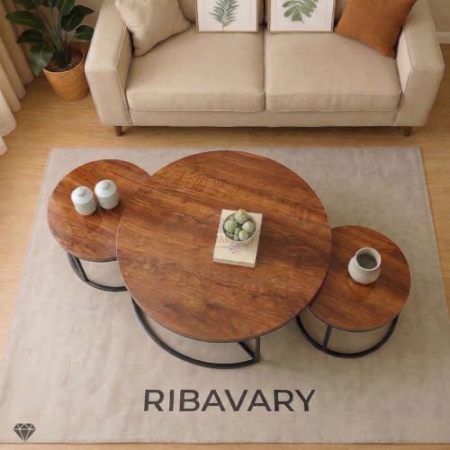 Image of Round Coffee Table Set of 3, Marble Laminated Accent Center Table with Sturdy Metal Base | Modern Foldable Nesting Stacking Tables for Living Room, Bedroom, or Apartments (Black-Brown)
