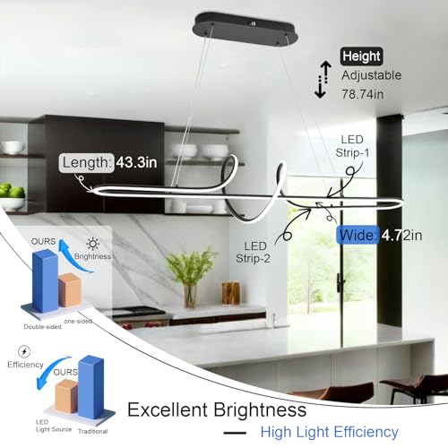 Image of Black Modern Chandelier, 43.30 inch Large Modern Led Pendant Light for Kitchen Island with Remote,Dimmable Led Chandelier for Dining Room Adjustable Height Ceiling Hanging