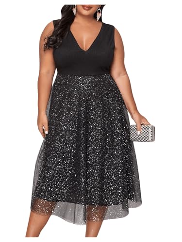 Floerns Women's Plus Size V Neck Sleeveless Sequin Cocktail Party Midi Dress Black 1XL