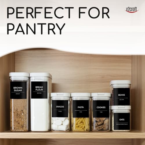 v2croft Pantry Labels for Food Containers, Minimalist Black Matte Stickers, White Fine Line Text, Pre-Printed Waterproof Label for Jars, Bottles and Canisters