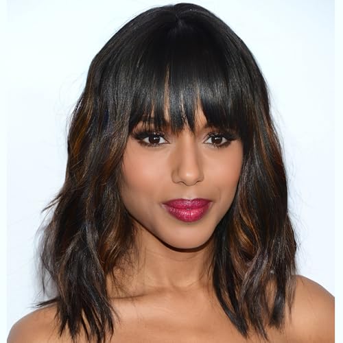 Image of AISI HAIR Wavy Bob Wigs with Bangs for Women Black Mixed Brown Color Short Wavy Bob Curly Wig Synthetic Natural Looking Heat Resistant Fiber Hair for Women