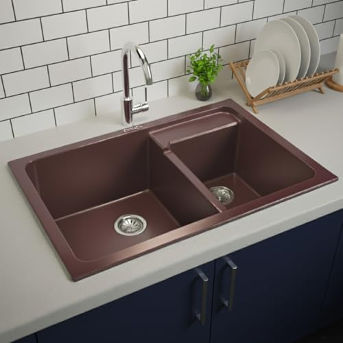 Image of EVANEX Quartz Kitchen Sink | 31x18x9 Inch Double Bowl Sink for Kitchen | Granite Topmount /Undermount Kitchen Sinks | Brown Double Sink with Connector, Waste Pipe, Coupling and Drain Basket