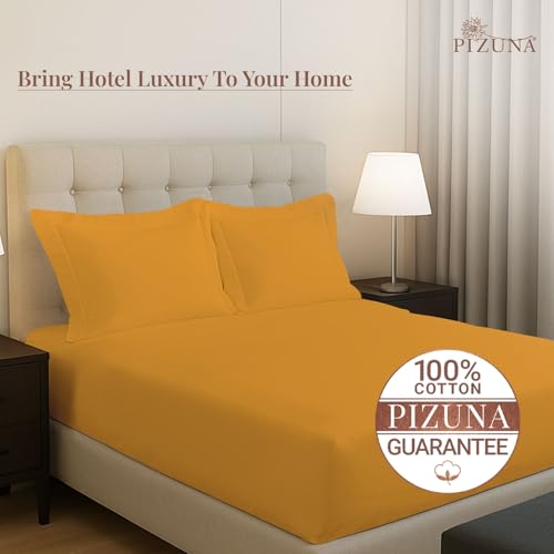 Image of Pizuna 100% Cotton Fitted Bedsheets King Size 400 Thread Count Long Staple Cotton Sateen Fitted Bedsheet 74x78 Inch with 2 Pillow Covers, Honey Gold Elastic Fitted Bedsheets King Size fits 12 Inch