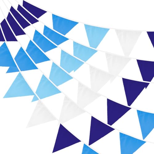 G2PLUS Guirlande de Fanions Bleu 12m en Coton: 42 Fanions Triangulaires Bleu Marine, Bleu Ciel, Blanc, 15x19cm pour Mariage, Anniversaire, Bébé, Jardin, Fête...