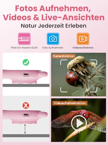 Vorth Mikroskop für Kinder, 2-Zoll-Digitalmikroskop mit 500-facher Vergrößerung, 4 Fach-Zoom-Handkamera, Mini-Taschenlupe, Naturwissenschaftliches Lernspielzeug 3+, Rosa