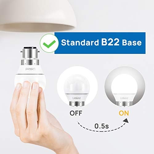 Linkind 5W Daylight 40W Equivalent Dimmable B22 LED Light Bulb, 5000K Golf Ball Bayonet Cap P45(G45) Bulbs, 470LM, Not Suitable for 3-Way Dimmable Lamps, 6 Pack