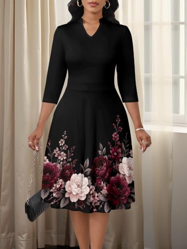 Image of PinkPatty Women's Casual A-line Midi Dresses 3 /4 Sleeve V Neck Fit and Flare Dress with Pockets