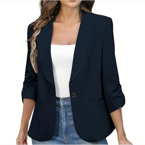 Womens Ruched 3/4 Sleeve Blazers Padded Shoulder Slim Fit Jacket Dressy Business Casual Outfits Professional Clothes2