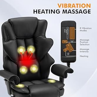HOMREST 6-Point Massage Office Chair,Heating Executive Chairs,Ergonomic Home Office Desk Chairs with Retractable Footrest and Reclining Function,Leather Computer Chair with Adjustable Armrest(Black)
