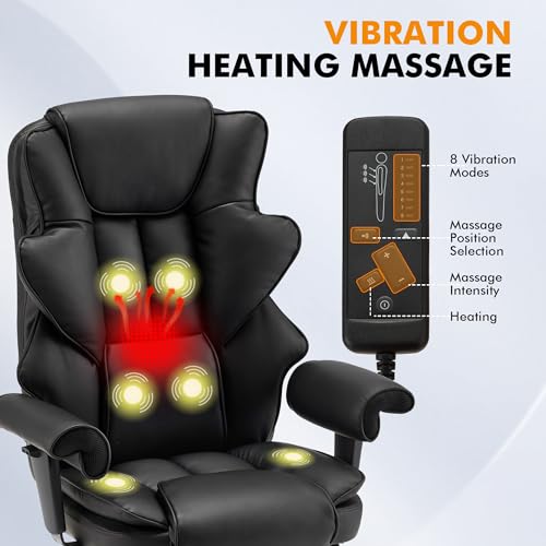 HOMREST 6-Point Massage Office Chair,Heating Executive Chairs,Ergonomic Home Office Desk Chairs with Retractable Footrest and Reclining Function,Leather Computer Chair with Adjustable Armrest(Black)