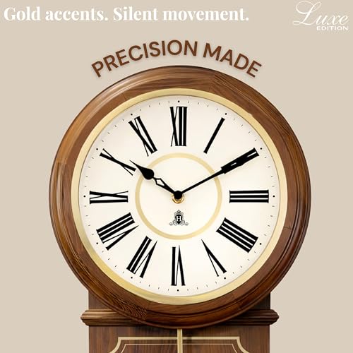 Image of HARRIS & CO. CLOCKMASTERS Wooden Pendulum Wall Clock Luxe Edition 26.5 x 11.5 Inch | Silent Sweep Noiseless Movement | White Metal Roman Dial | Gold Accents & HD Clear Glass | Model-Hyde Park