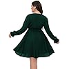SCOMCHIC-Womens-Plus-Size-Long-Sleeve-Wrap-V-Neck-Tie-Waist-A-Line-Mini-Short-Dress SCOMCHIC Women's Plus Size Dress V Neck Long Sleeve Casual Short Mini Dress Emerald Green Wedding Party Dress 2XL