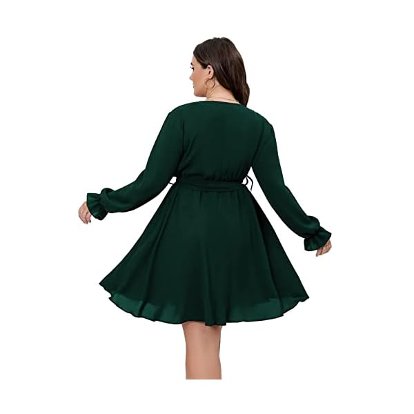 SCOMCHIC-Womens-Plus-Size-Long-Sleeve-Wrap-V-Neck-Tie-Waist-A-Line-Mini-Short-Dress SCOMCHIC Women's Plus Size Dress V Neck Long Sleeve Casual Short Mini Dress Emerald Green Wedding Party Dress 2XL
