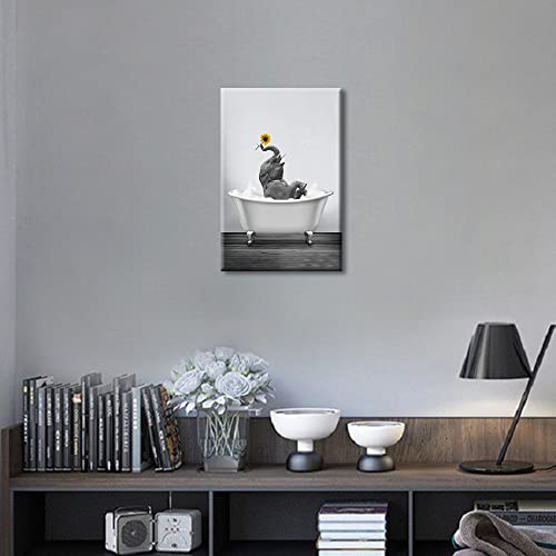 Black and White Canvas Wall Art Funny Animal for Bathroom Kitchen Bedroom Elephant with Yellow Sunflower in Bathtub Giclee Print Picture Painting Stretched on Canvas Framed Artwork 12x18inch - Image 3