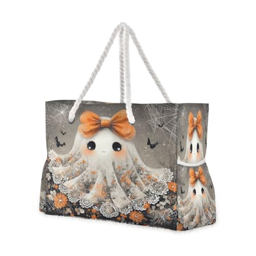 Large Beach Bags Totes Canvas Tote Shoulder Bag Ghost Flower Bow Water Resistant Bags for Gym Travel Daily