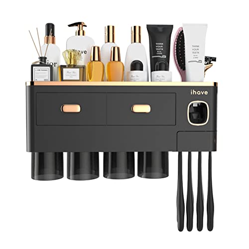 Ihave Toothbrush Holders For Bathrooms - Upgrade Wall Mounted Toothbrush Holder With Toothpaste Dispenser - 4 Cups, Large Capacity Tray, 2 Cosmetic Drawer - Bathroom Organizer & Bathroom Storage #TOP6