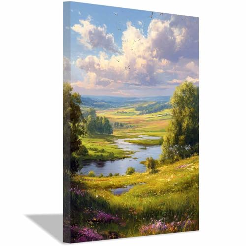 Peinture d’oiseaux de la vallée de la rivière sur toile encadrée multicolore