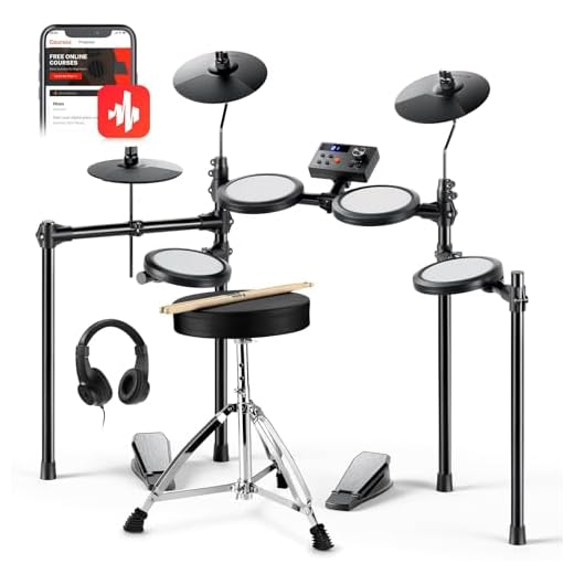 Donner DED-70 Kit de Batería Eléctrica para Niños, Set de Batería Electrónica con 150 Sonidos, 4 almohadillas de malla silenciosas, platillos de 9», 2 pedales, USB MIDI, trono, auriculares, baquetas