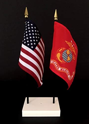 Made In The Usa. 1 American And 1 United States Military Rayon 4"X6" Office Desk & Little Table Flag, Includes A 2-Hole White Arcticsno Deluxe Flag Base & 2 Small 4"X6" Mini Stick Flags (Marine Corps) #TOP14