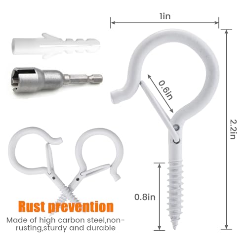 Image of TAIHUIMY Screw Hooks for Outdoor String Lights, Eye Hooks Q-Hanger Plants Christmas Rope Light Clips, Wind Chimes Decoration Hanging Safety Buckle Design, Include Wing Nut Driver (40)