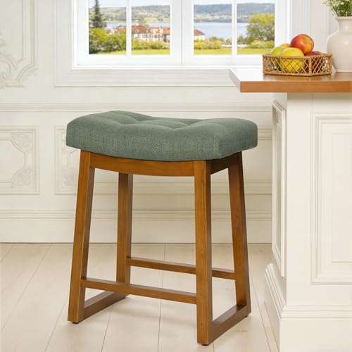 Image of Bar Stool, Backless Counter Height Saddle Bar Stool with Walnut Legs & Upholstered Fabric Seat, Modern Wooden Counter Stool for Kitchen Island, Home Bar, Green