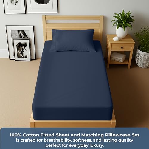 Image of ROYALE LINENS Fitted Sheet with Pillowcase - Twin Fitted Sheets with 1 Pillowcase - 300 Thread Count 100% Organic Cotton - Fit Mattress Up to 18 inch Deep - Ultra Soft & Breathable - Navy (No Flat Sheet)