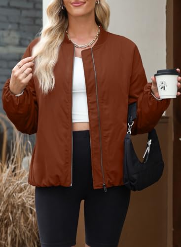 EVALESS Winter Jacket for Women Dressy Casual Fall Clothes Trendy 2024 Teacher Outfits Cute Oversized Bomber Jackets Long Sleeve Zip Up Cropped Down Jeacket Lightweight Coat with Pockets, Brown Medium