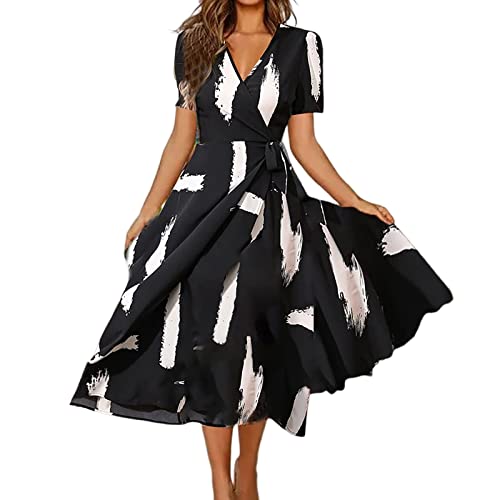 Robe Ete Femme Mi Longue Chic Robe Mi - Longue Femme éTé Imprimé Polka Dot Col en V Manches Courtes Robe éLasticité Casual Tunique Pin-Up Robe De SoiréE Chic Et Elegant Robe de Soirée pour Femme Ronde