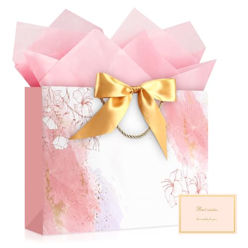 Image of JMANNI Pink Gift Bags with Handles, 13 inch Medium Gift Bags with Tissue Paper