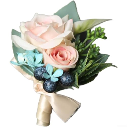 Ramillete romántico de seda estilo europeo hecho a mano con diseño de rosas para bodas, fiestas de novia, ocasiones formales (ramillete)