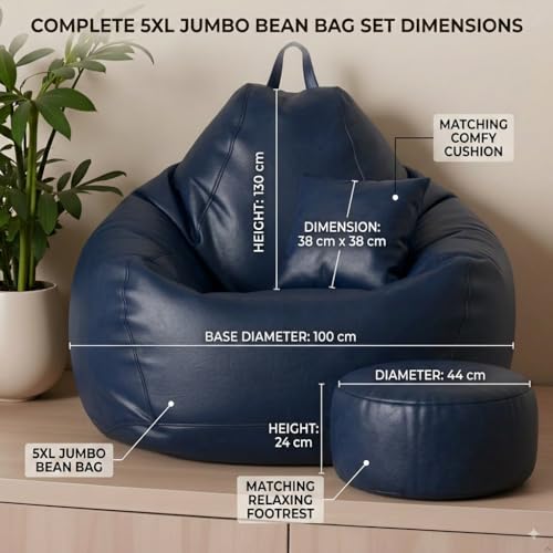 Image of 6XL Jumbo Premium Bean Bag Chair with Footrest & Cushion | Filled with High Density EPS Beans | Comfortable Sofa for Living Room & Bedroom | 6 Months Warranty, Color- (NAVY BLUE, 6XL, Premium)